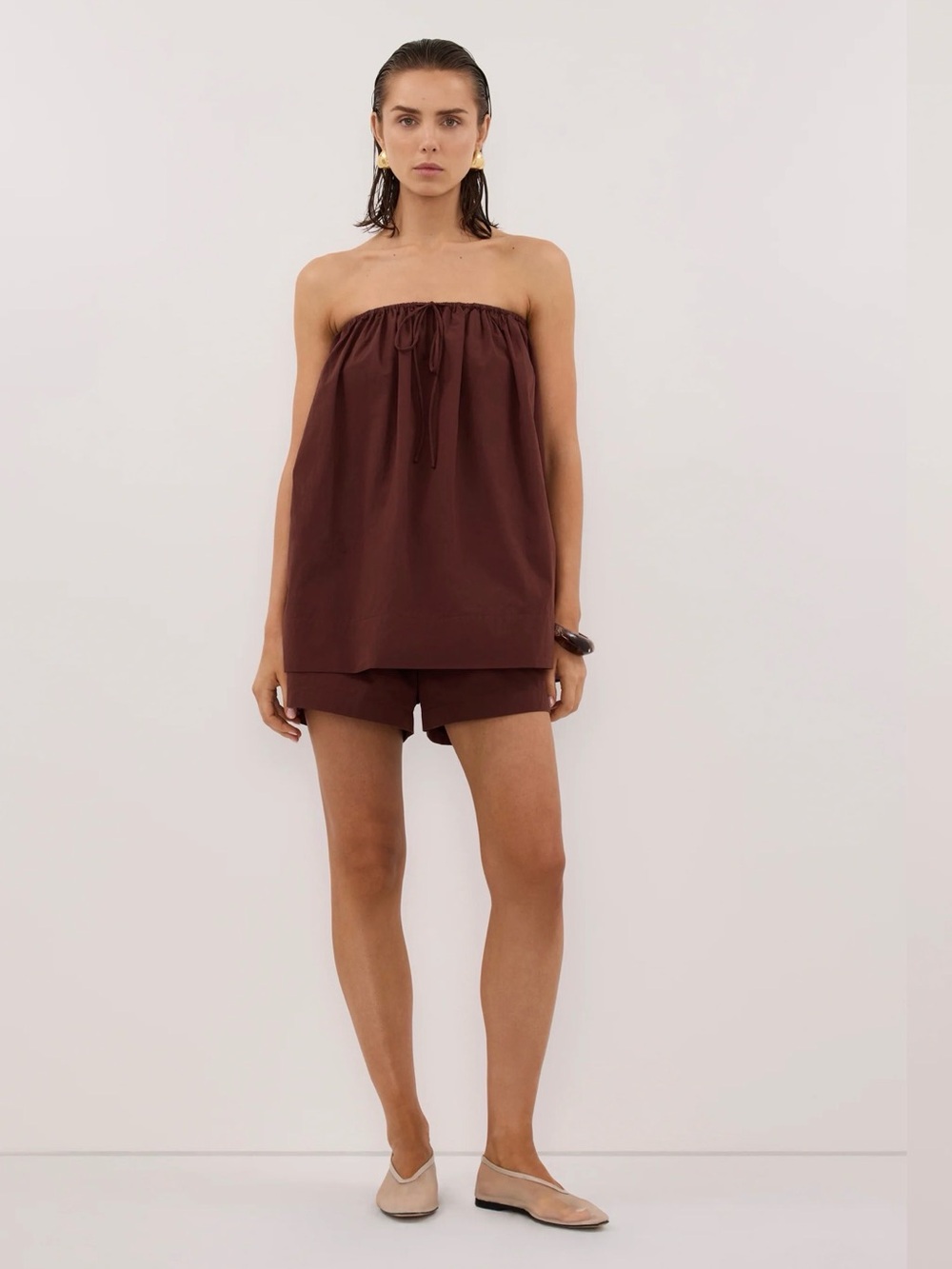 DISSH Brown Strapless Drawstring Top and Shorts Set
